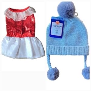 Set Top Paw Dogs Knit Gray Hat Beanie Faux Fur Pom Poms Chewy Red Sequin Dress S